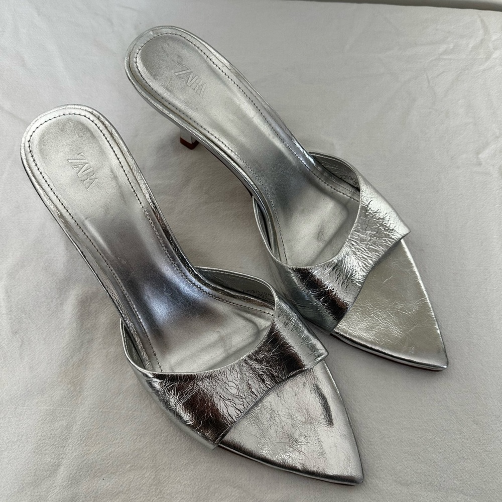 Zara Silver Kitten Heel Mules
